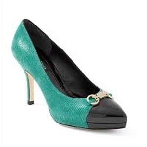 WHBM Samantha Pumps Green Colorblock Patent Leather Embossed Heels 8.5